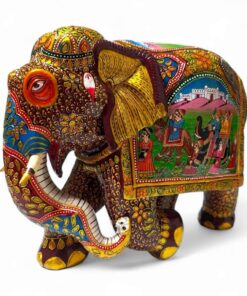 wooden trunk down elephant with painting art on elephant trunk.
