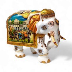 wood elephant with Rajasthani miniature art on it.