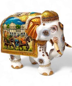 wood elephant with Rajasthani miniature art on it.