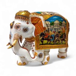 wood painted elephant with elephant and horse painted king sitting on elephant and foot soldier.