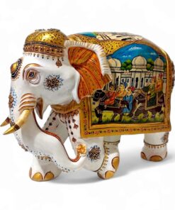 wood painted elephant with elephant and horse painted king sitting on elephant and foot soldier.