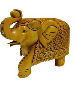 Wooden carved elephant statue trunk up with ball in trunk