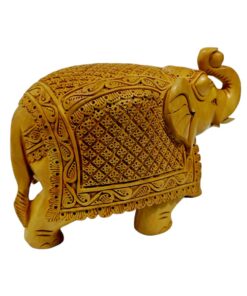 Wooden square carving elephant statue trunk up with hand craved