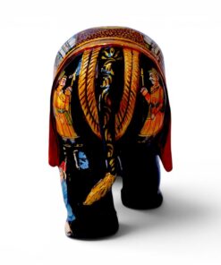 Hand painted wooden elephant figurine with colorful traditional folk art designs.