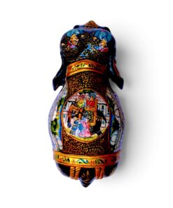 Hand painted wooden elephant figurines with colorful Persian miniature artwork.