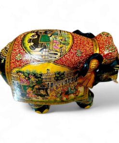 Traditional Indian handcrafted decorative elephant with vibrant colors, intricate patterns, royal scenes, and gold accents.