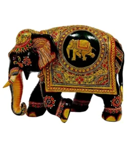 wooden hand painted elephant statue and small baby elephant painted on elephant