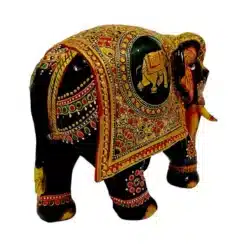 wooden elephant sculpture black color body painted with golden and red, green color painting design on elephant
