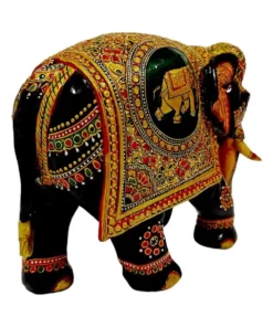 wooden elephant sculpture black color body painted with golden and red, green color painting design on elephant