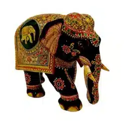 wooden embossed painted elephant statue trunk down