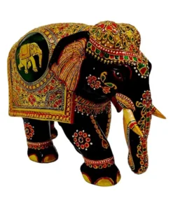 wooden embossed painted elephant statue trunk down