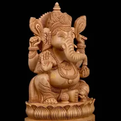 Wooden Ganesha Statue seated on ornate lotus pedestal with blessing hand.