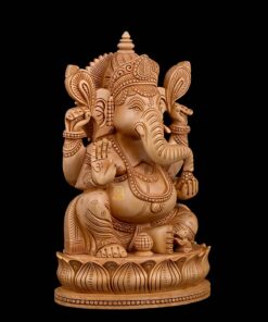Wooden Ganesha Statue seated on ornate lotus pedestal with blessing hand.