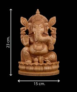 Wooden Ganesha Statue with ornate carvings, 23 cm tall and 15 cm wide.