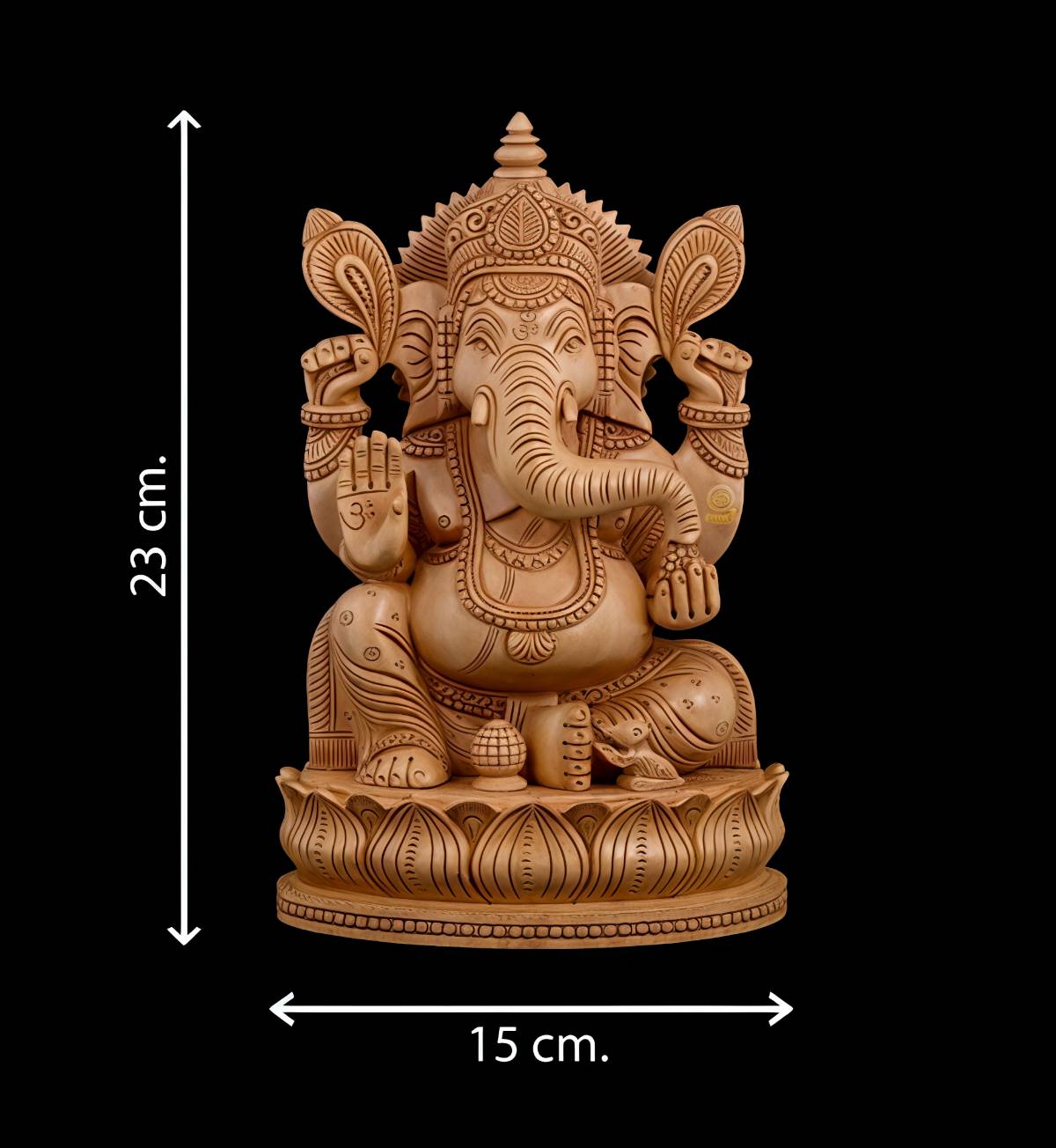 Wooden Ganesha Statue with ornate carvings, 23 cm tall and 15 cm wide.