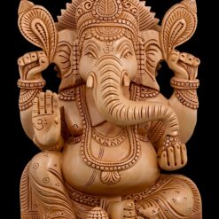 Wooden Ganesha statue with intricate carvings and Om symbols.