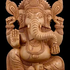 Wooden Ganesha statue with intricate carvings and Om symbols.