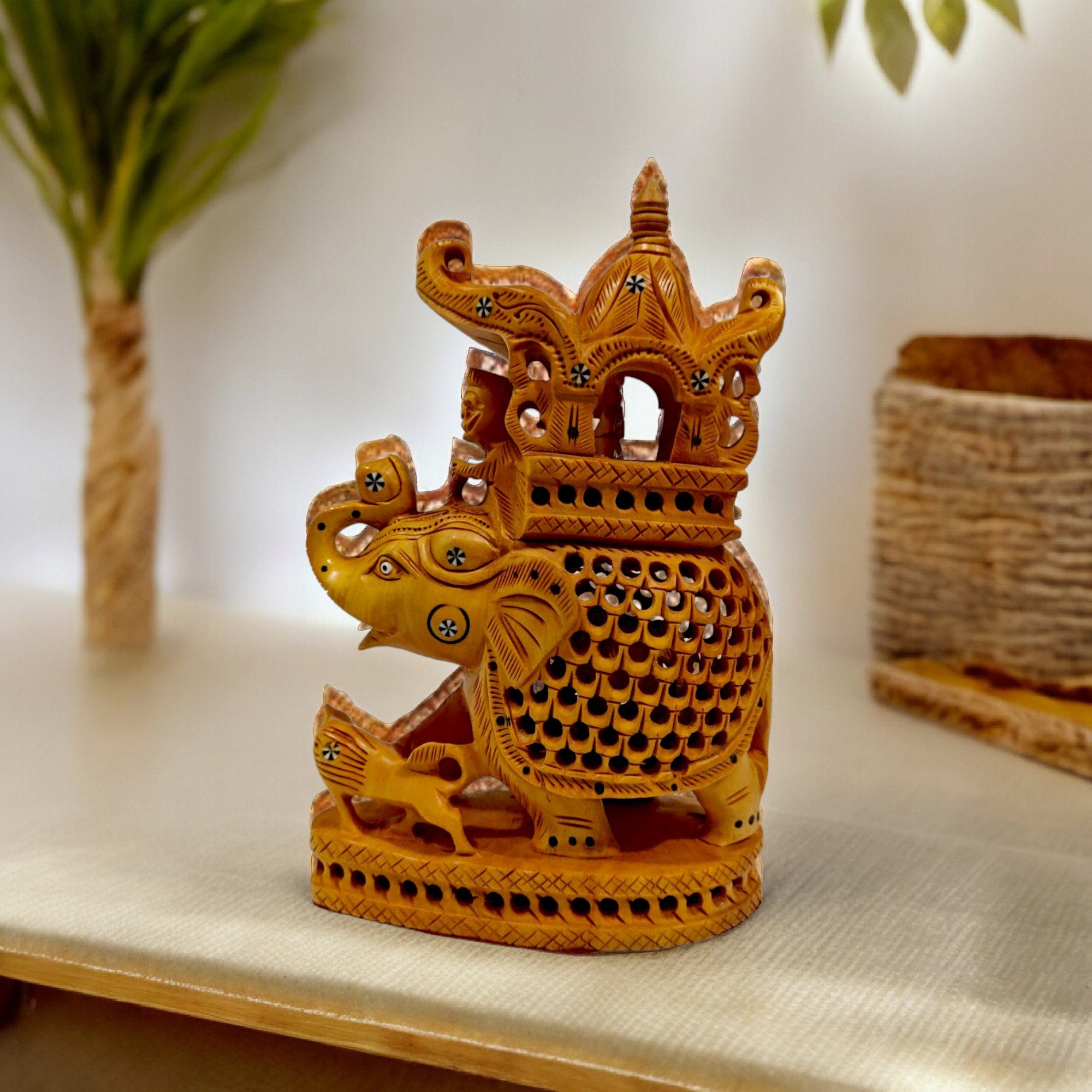 Handcrafted Trunk Up Ambari Elephant (Big) | White Wood | 12X5X10inch