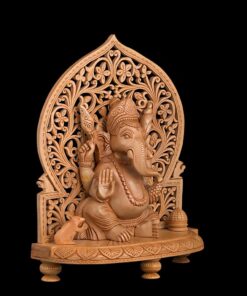 Intricately carved wooden Ganesha Statue with floral temple arch and mouse.