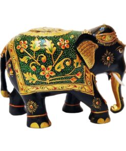 Decorative Indian elephant sculpture with floral patterns, gold accents, and symbolic raised trunk.