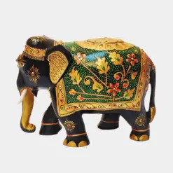 Colorful Indian-style ornamented elephant figurine with gold accents and intricate floral designs.