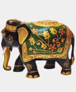 Colorful Indian-style ornamented elephant figurine with gold accents and intricate floral designs.