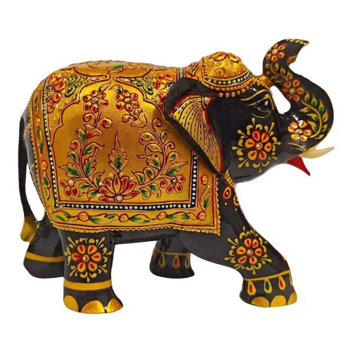 Handcrafted white wood elephant with flower embossed painting