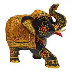 Wood up trunk elephant statue hand painted with water colors gold and black.