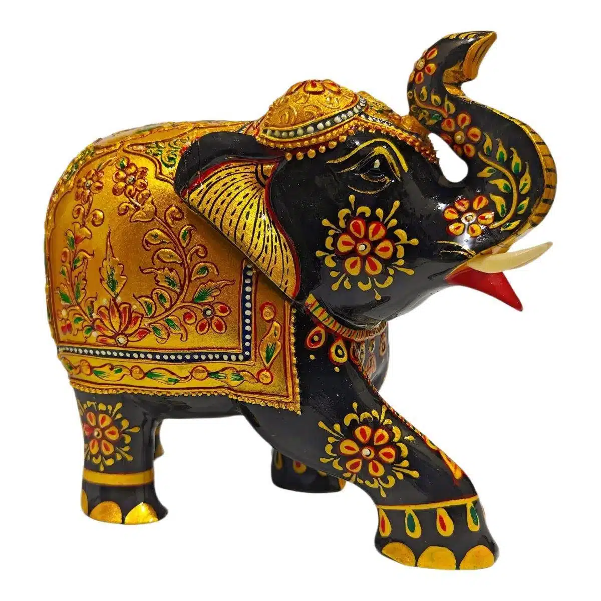 Wood up trunk elephant statue hand painted with water colors gold and black.