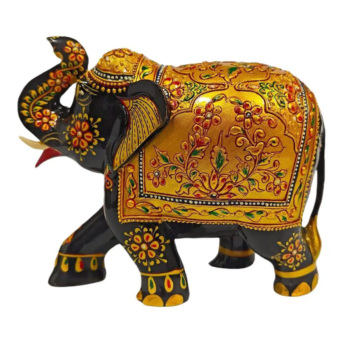 Wood painted elephant statue black and gold color painted with flower design work on it.