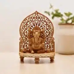Wooden Ganesha statue sitting on hand craved wood stand with wood mouse