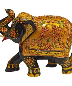 Wood painted elephant statue black and gold color painted with flower design work on it.