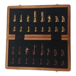 wood brass chess pieces storage box with chess pieces