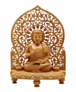 wooden buddha statue sitting on a carved wood stand