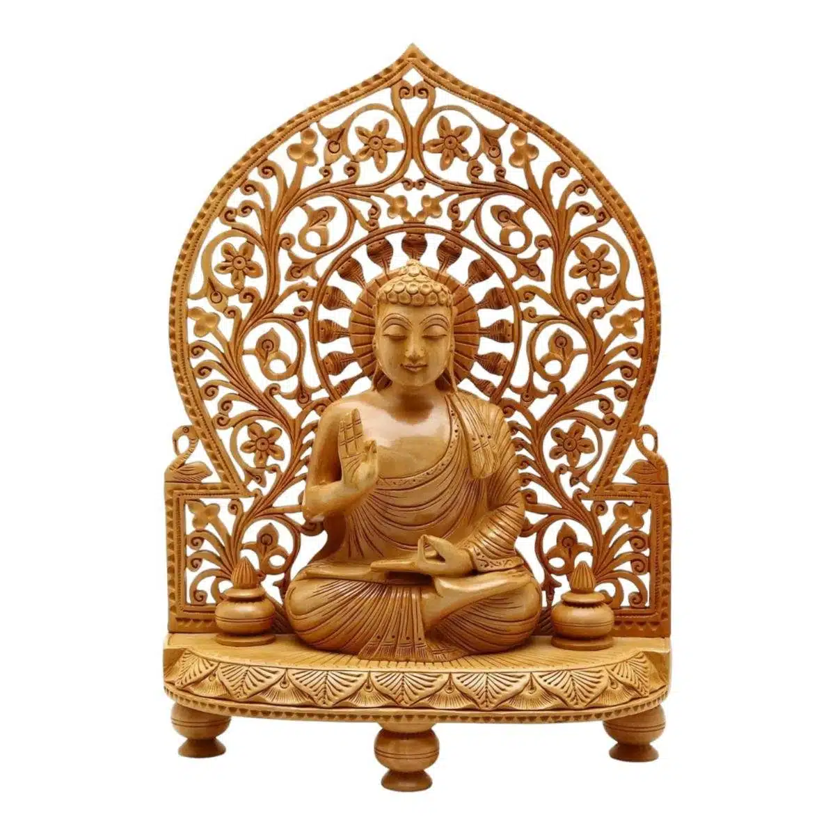 wooden buddha statue sitting on a carved wood stand