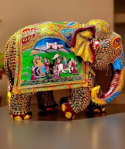 12 inch big wooden elephant statue hand painted with weeding miniature painting