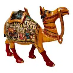 Colorful ornamental camel figurine with traditional folk art, intricate patterns, vibrant colors,