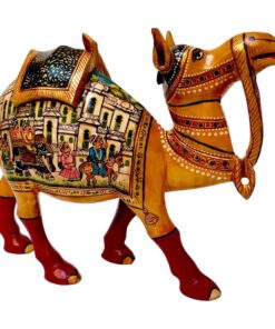Colorful ornamental camel figurine with traditional folk art, intricate patterns, vibrant colors,