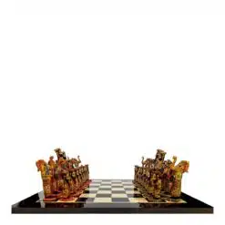 bone chess set on board with red and green color theme hand painted painting on pieces