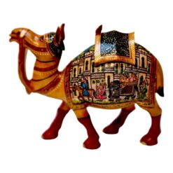 Decorative camel figurine with intricate cultural artwork, vibrant colors
