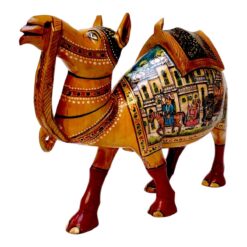 Decorative camel sculpture with intricate designs, vibrant colors, traditional motifs, and cultural storytelling.