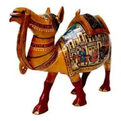 Decorative camel sculpture with intricate designs, vibrant colors, traditional motifs, and cultural storytelling.