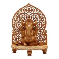 Wooden Ganesh murti sitting on wood carved stand with wood mouse