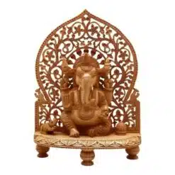 Wooden Ganesh murti sitting on wood carved stand with wood mouse