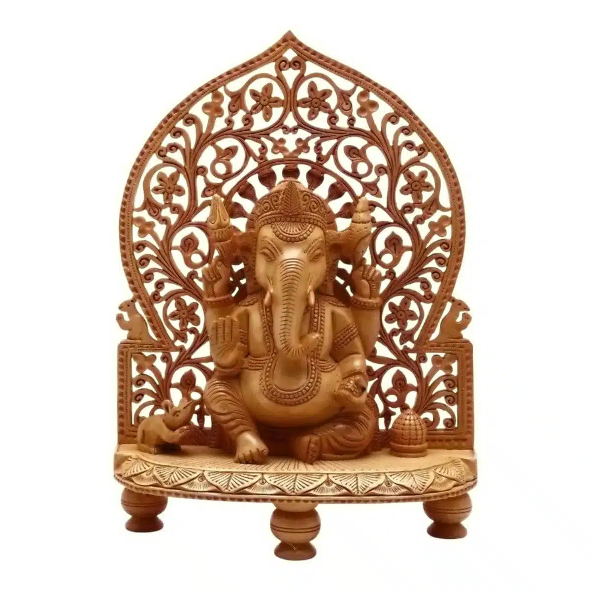 Wooden Ganesh murti sitting on wood carved stand with wood mouse