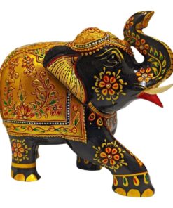 Wood up trunk elephant statue hand painted with water colors gold and black.