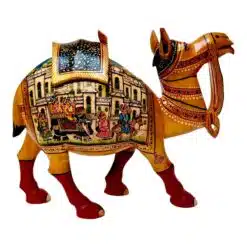 Decorative Indian clay camel sculpture with vibrant colors and intricate traditional Indian motifs.