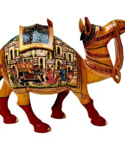 Decorative Indian clay camel sculpture with vibrant colors and intricate traditional Indian motifs.