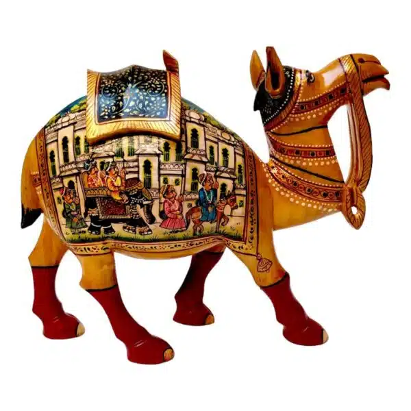 Decorative Indian clay camel sculpture with vibrant colors and intricate traditional Indian motifs.