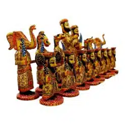 Colorful Indian handcrafted figurines depicting cultural motifs, traditional attire, and mythical characters.